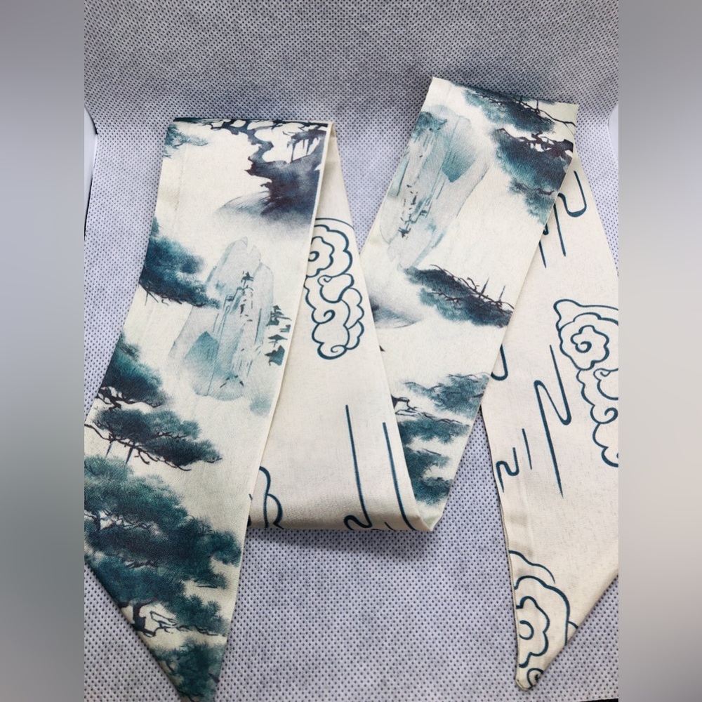 Scenic Printed Scarf Tie in Teal and Ivory